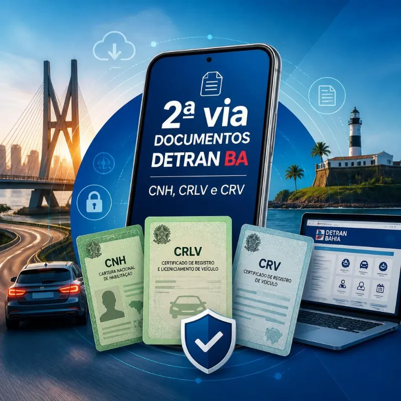 Celular exibindo 2ª via de documentos Detran BA com CNH.