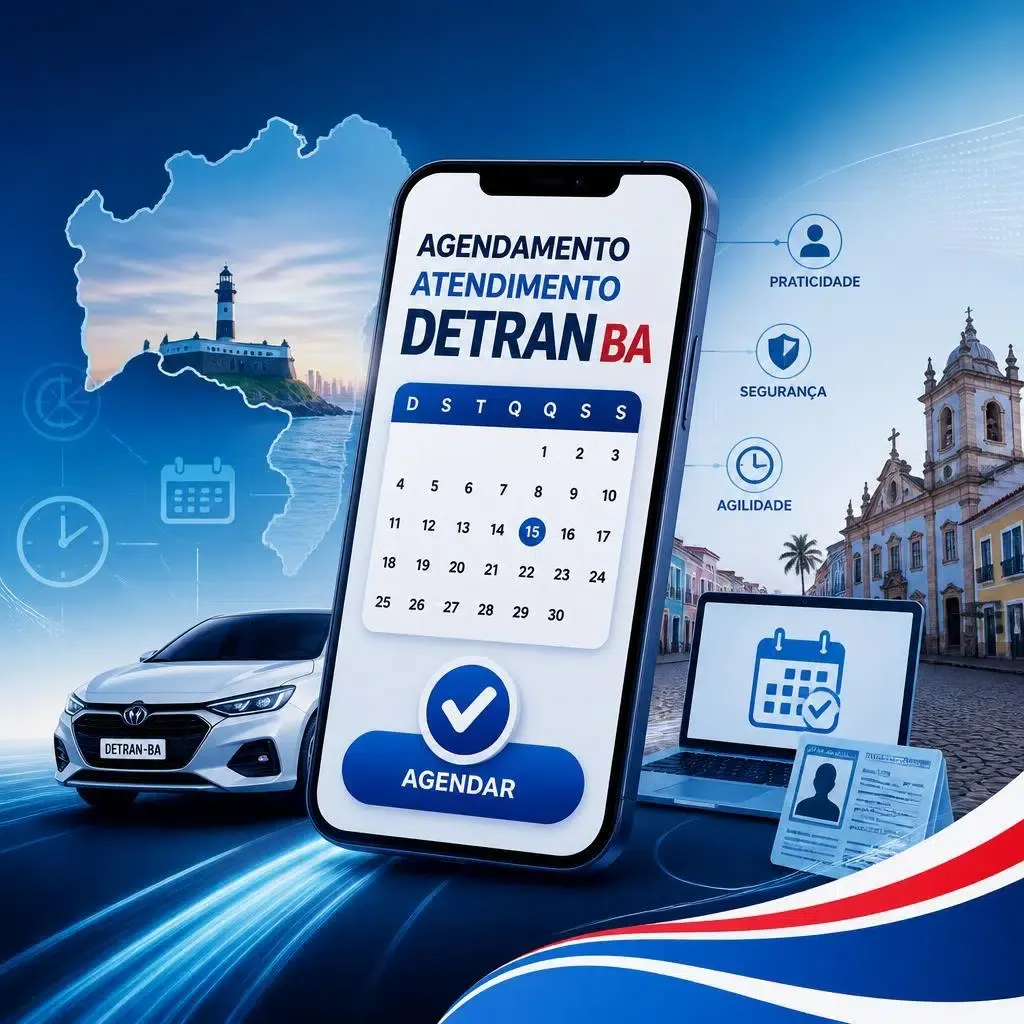 Smartphone mostrando agendamento digital do DETRAN Bahia com monumentos locais.