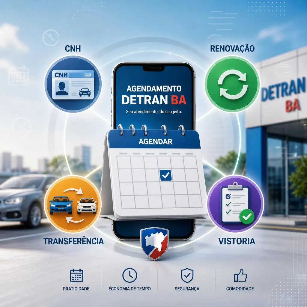Infográfico do Detran-BA sobre agendamento de serviços online pelo celular.