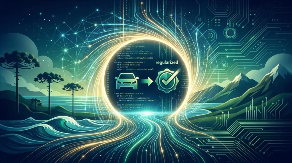Ilustração tecnológica de regularização veicular em portal digital luminoso.