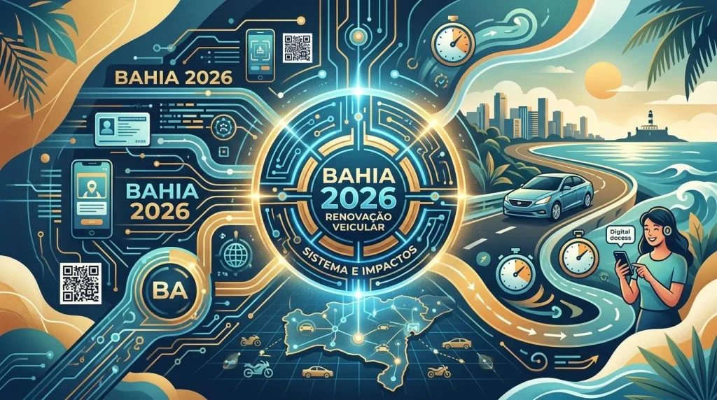 Infográfico digital sobre renovação veicular na Bahia para 2026.