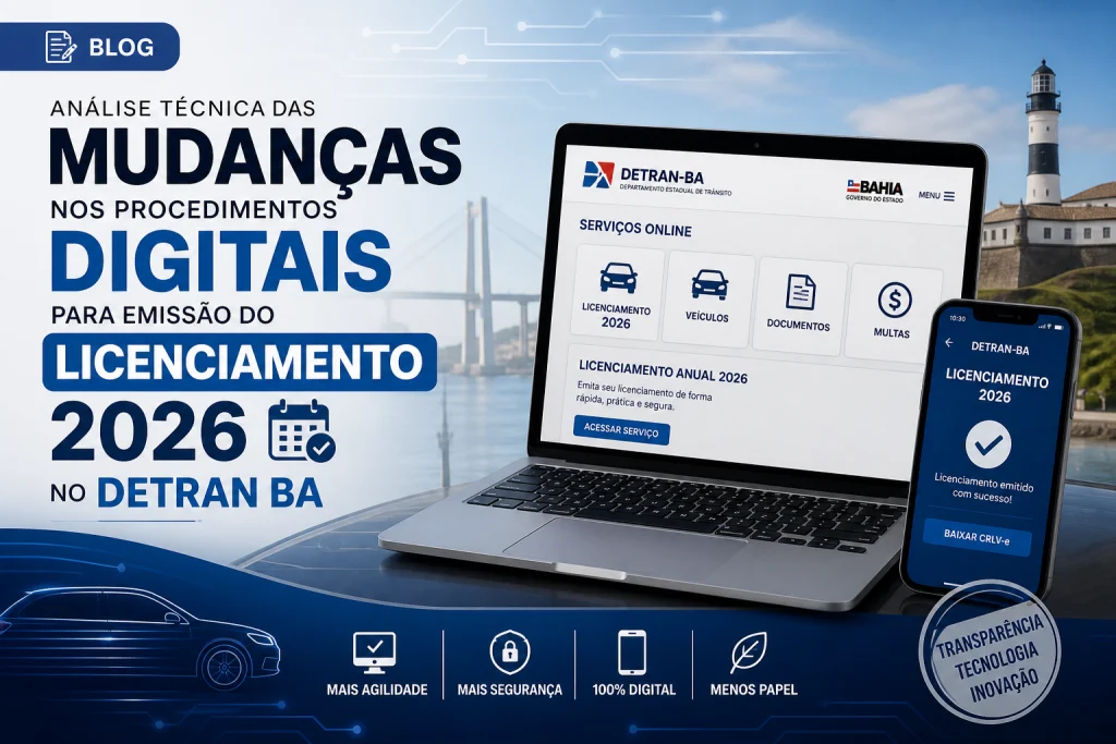 Infográfico sobre licenciamento digital 2026 do Detran-BA em dispositivos.