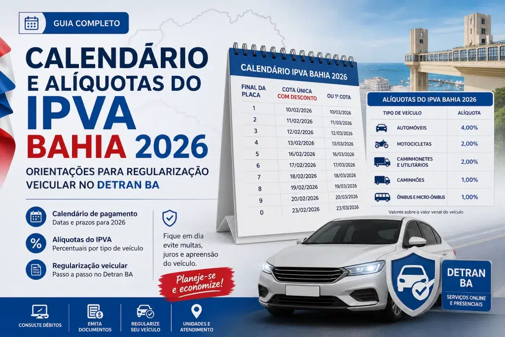 Calendário e alíquotas do IPVA Bahia 2026 com tabela informativa.