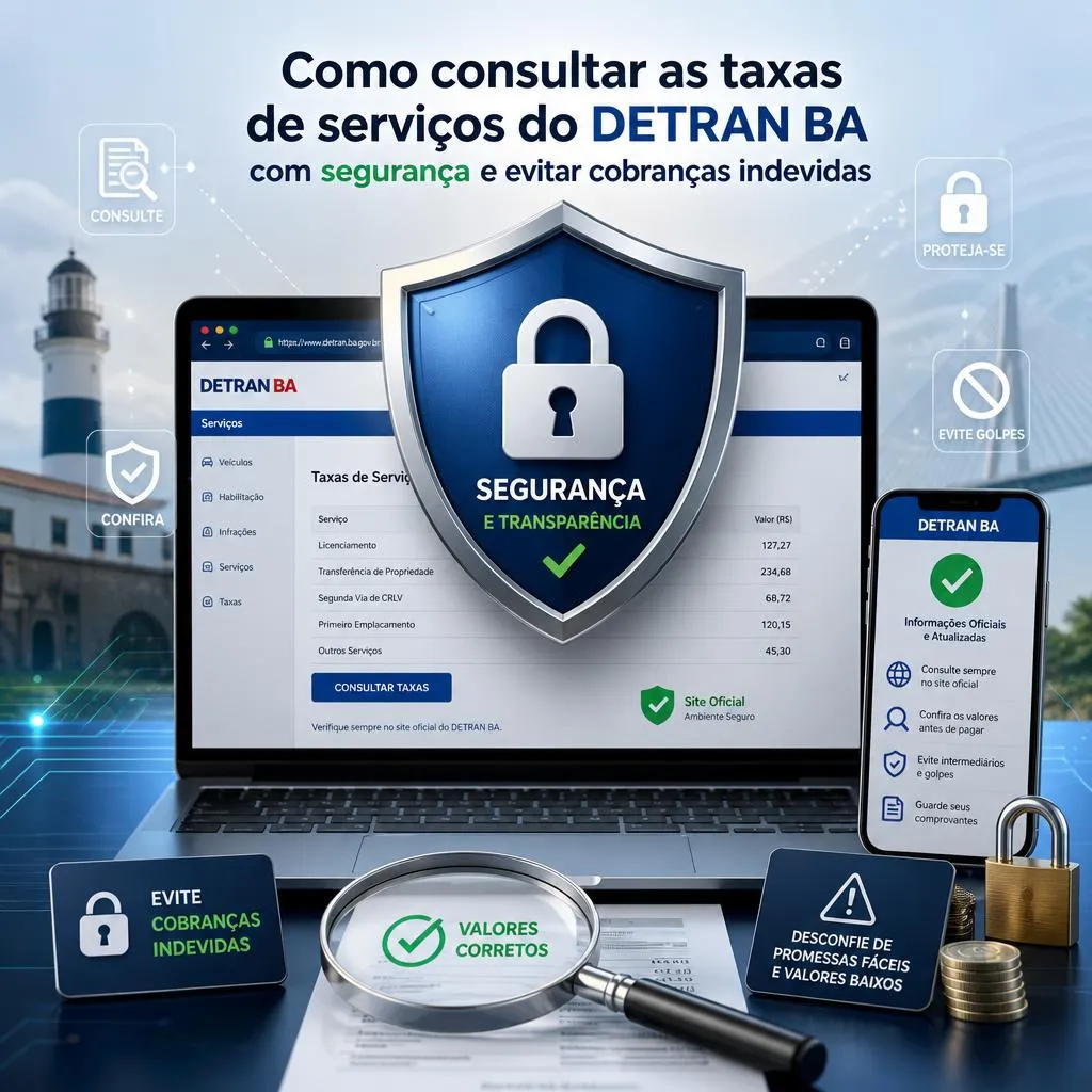 Infográfico sobre segurança ao consultar taxas de serviços do DETRAN BA.