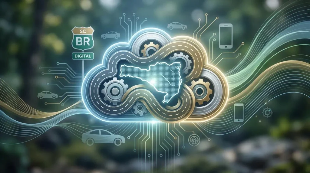 Ilustração digital de tecnologia e infraestrutura em Santa Catarina.