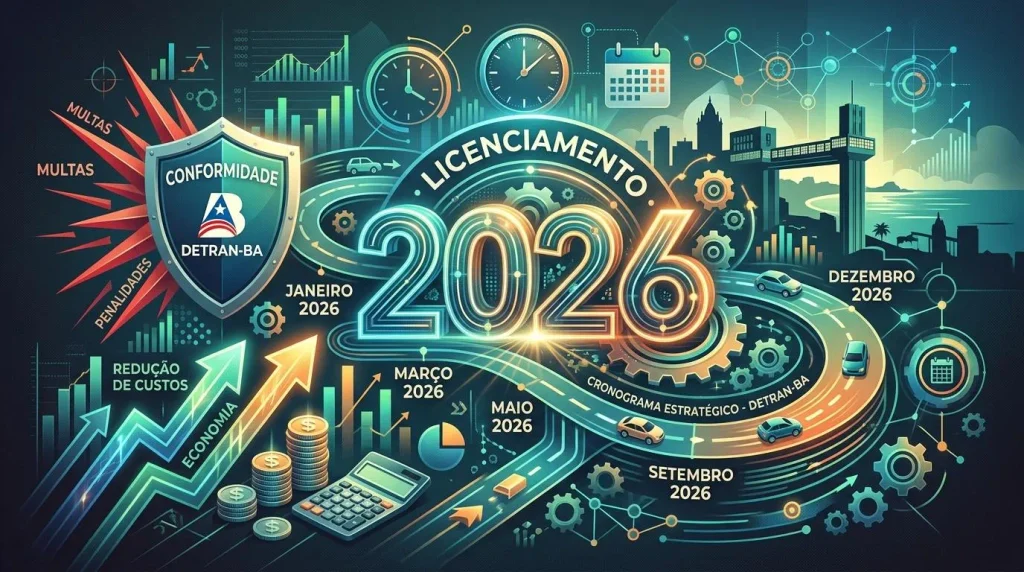 Infográfico sobre licenciamento 2026 do DETRAN-BA com elementos financeiros.