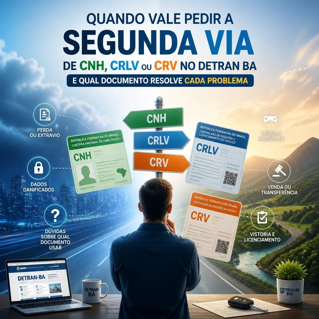 Infográfico informativo sobre segunda via de documentos no Detran-BA.