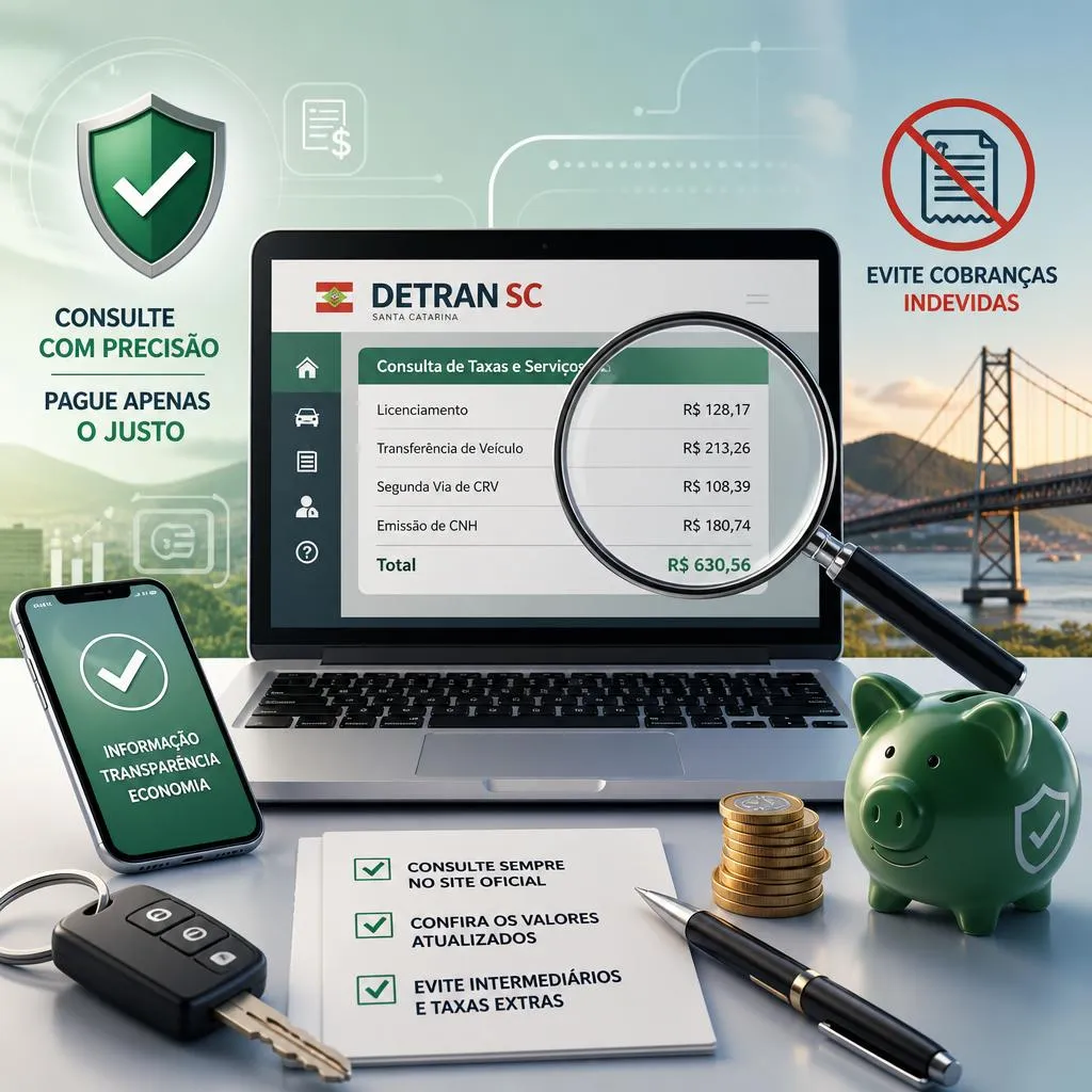 Notebook exibindo site do DETRAN SC com taxas veiculares oficiais.