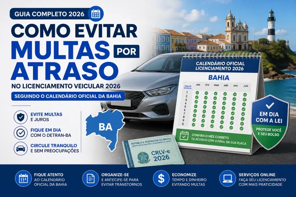 Infográfico sobre licenciamento veicular 2026 na Bahia com calendário e carro.