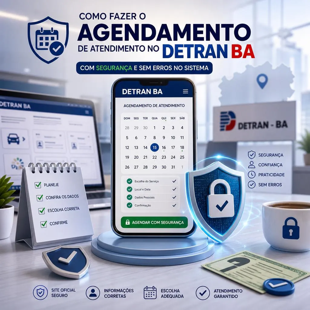 Infográfico sobre agendamento seguro de atendimento no DETRAN BA.