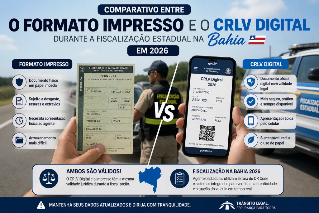 Comparativo entre CRLV impresso e digital em fiscalização na Bahia.