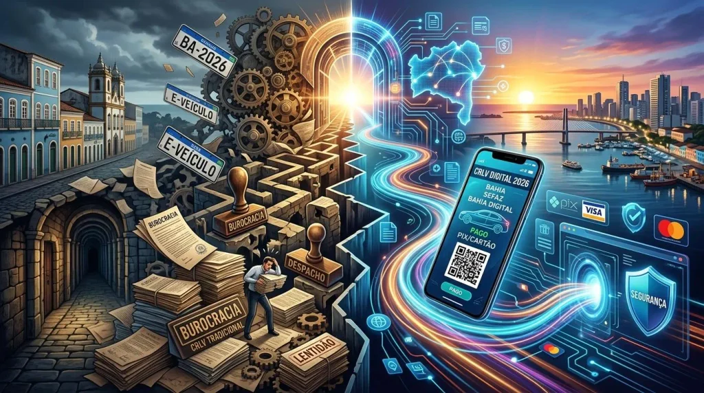 Contraste entre a burocracia física e a digitalização de documentos.