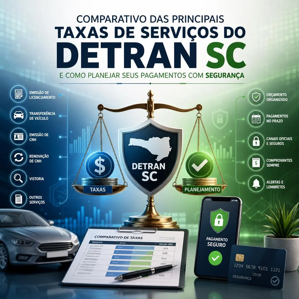 Infográfico sobre taxas do Detran SC e planejamento de pagamentos.