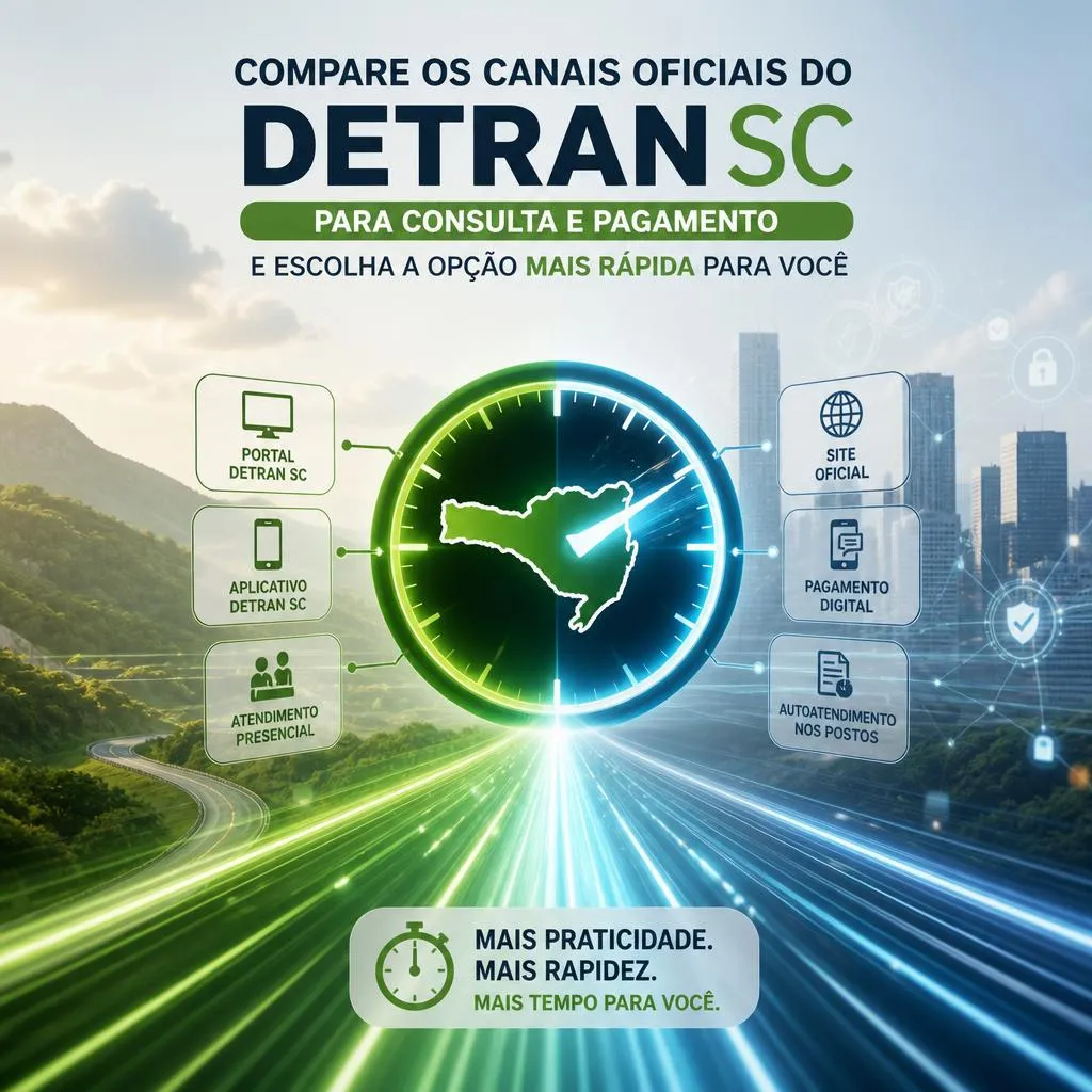 Infográfico sobre canais de consulta e pagamento do DETRAN SC.