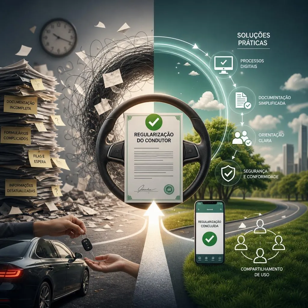 Infográfico comparando burocracia documental com soluções digitais para motoristas.