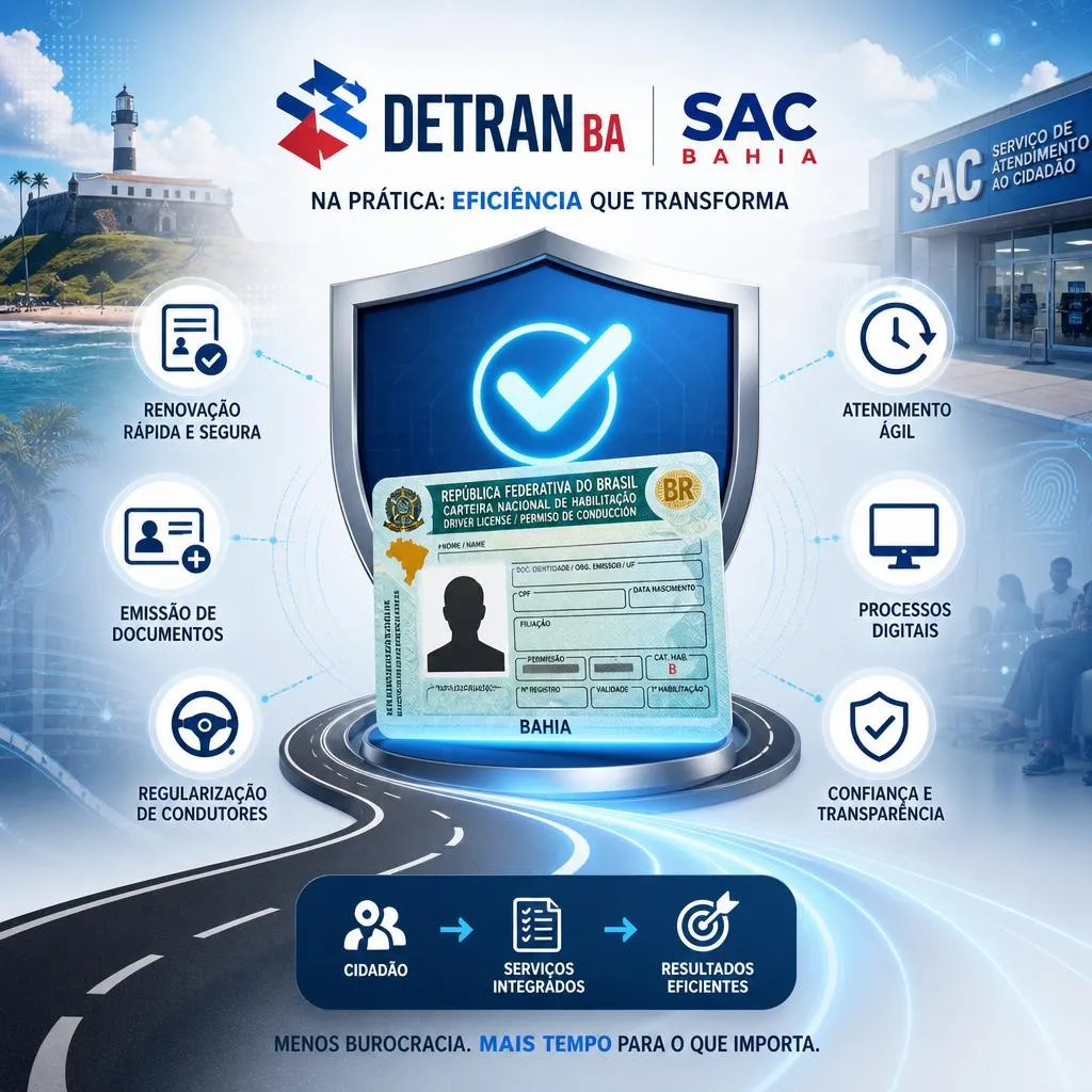 Infográfico institucional do Detran-BA e SAC Bahia sobre serviços eficientes.
