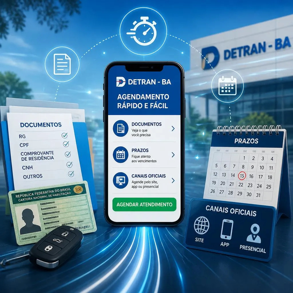 Celular exibindo aplicativo Detran-BA cercado por documentos e calendário.