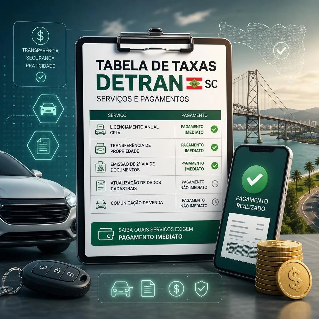 Infográfico da tabela de taxas do DETRAN SC com pagamento digital.