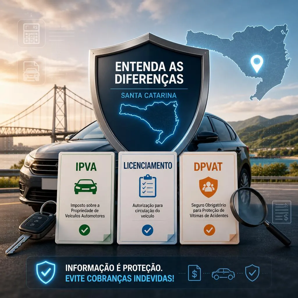 Infográfico explicativo sobre IPVA, Licenciamento e DPVAT em Santa Catarina.