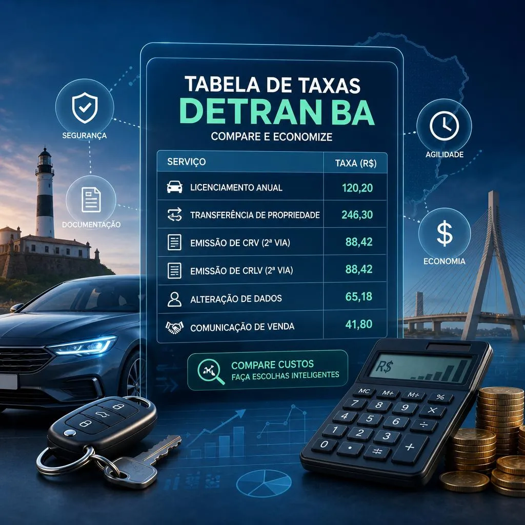 Infográfico com tabela de taxas do DETRAN Bahia e calculadora.