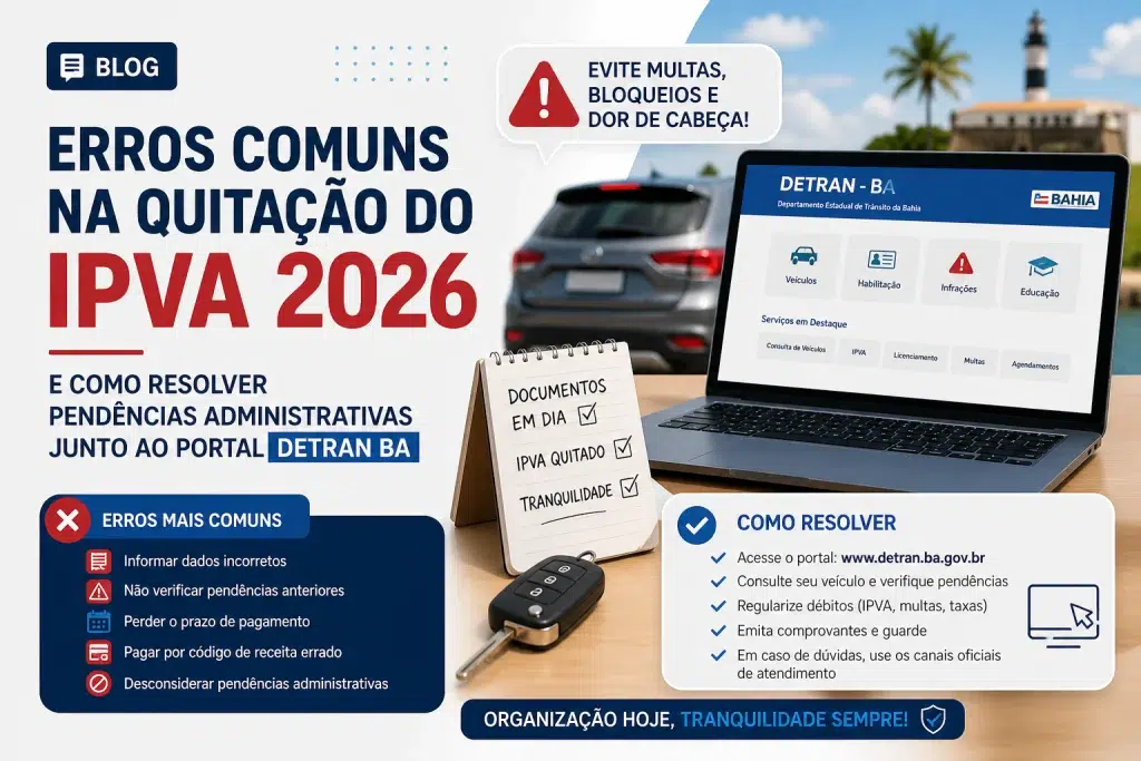 Infográfico sobre erros comuns no IPVA 2026 e orientações DETRAN-BA.