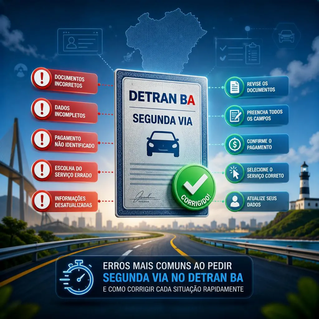 Infográfico sobre erros comuns na segunda via do DETRAN BA.