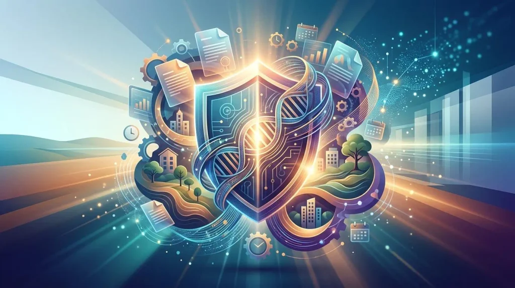 Escudo digital brilhante cercado por ícones de dados e tecnologia.