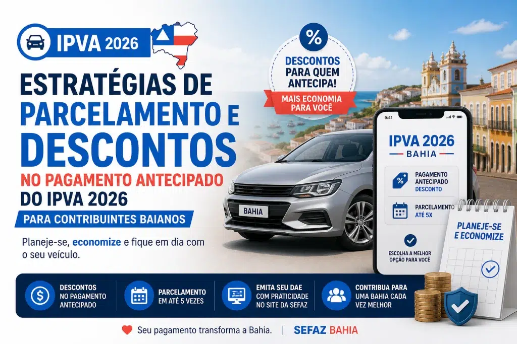 Informativo sobre descontos e parcelamento do IPVA 2026 na Bahia.