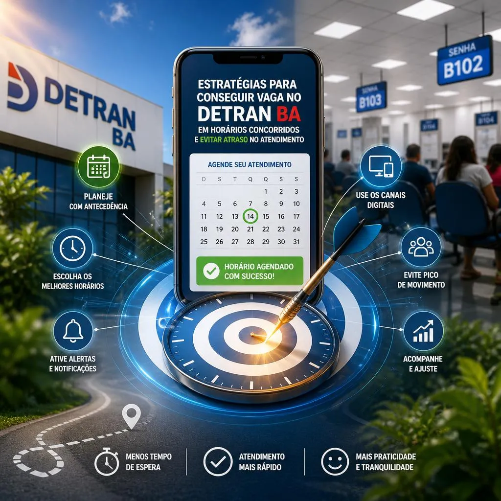 Infográfico sobre agendamento no DETRAN BA com celular e alvo.