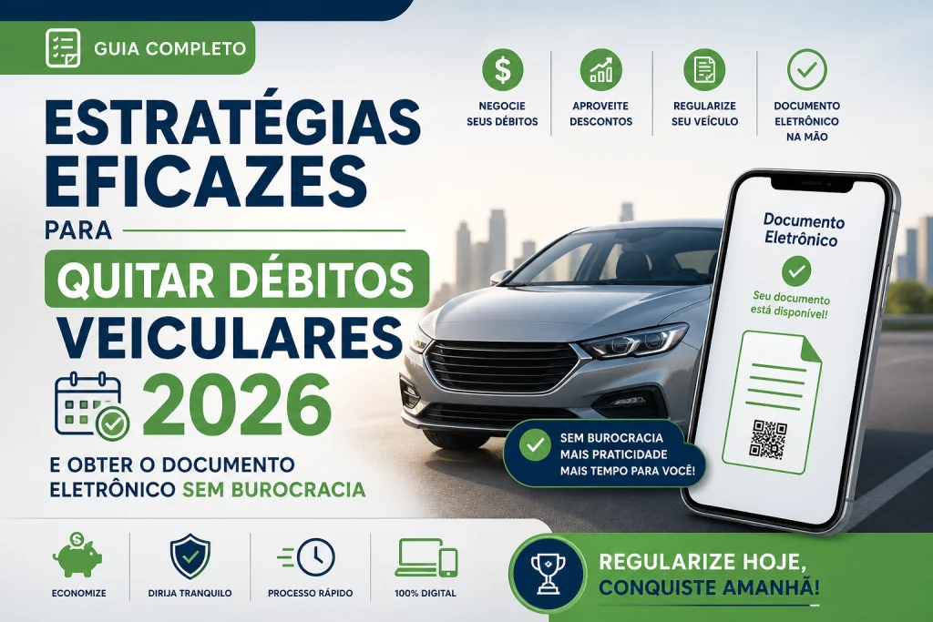 Banner sobre estratégias para quitar débitos veiculares em 2026.