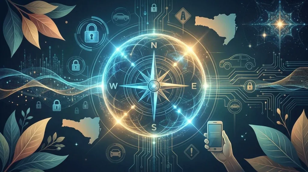 Bússola digital brilhante entre ícones de tecnologia, segurança e mapas.