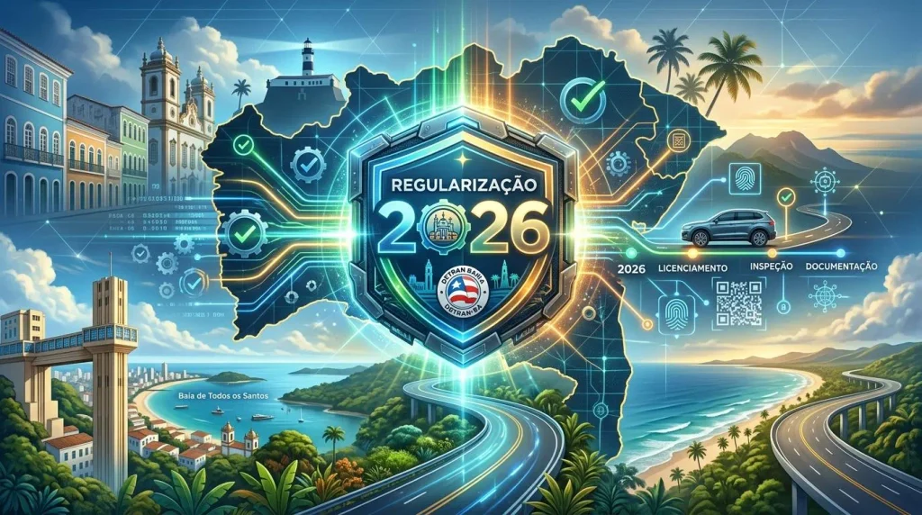 Infográfico futurista sobre a regularização de veículos na Bahia.