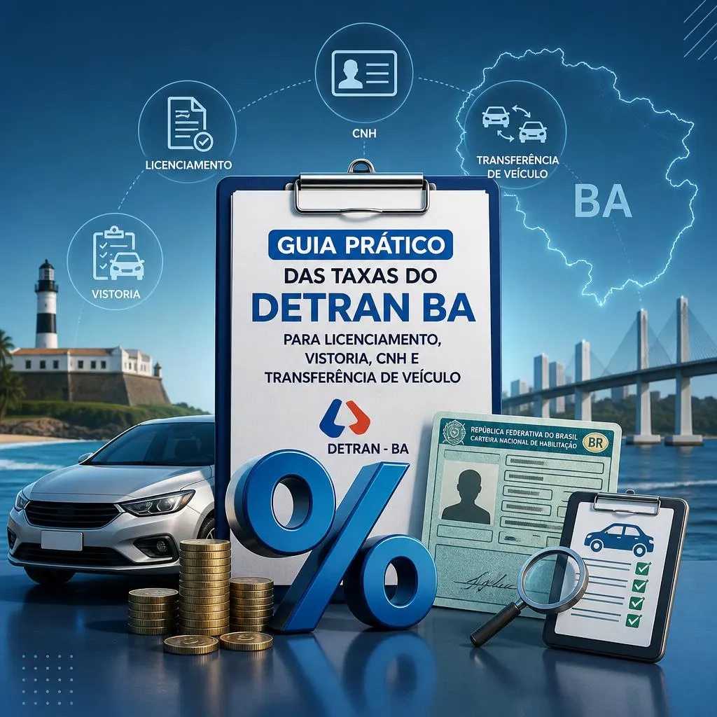 Infográfico sobre taxas do DETRAN-BA com diversos documentos e ícones.