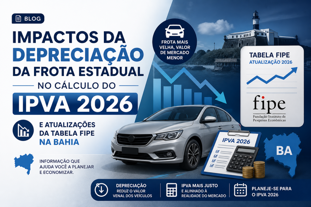 Infográfico sobre depreciação veicular e o IPVA 2026 na Bahia.