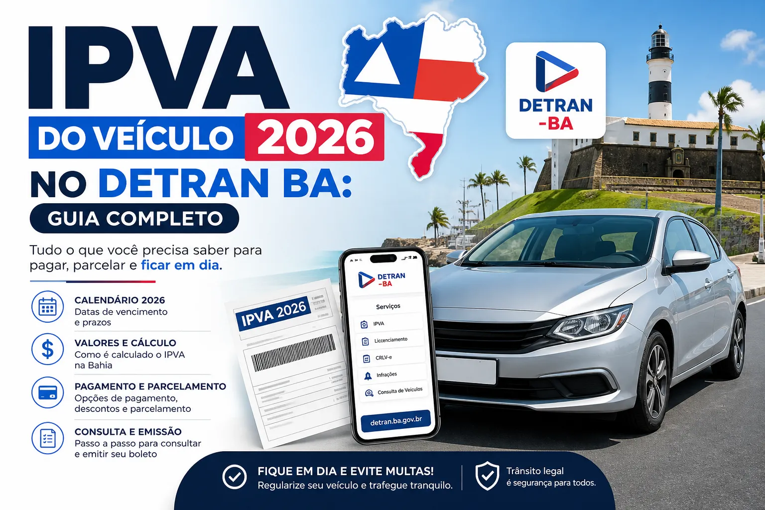 Infográfico guia completo sobre o IPVA 2026 no Detran Bahia.