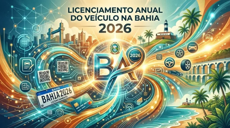 Ilustração futurista sobre o licenciamento de veículos na Bahia 2026.