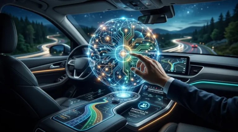 Interior de carro futurista com holograma de inteligência artificial.