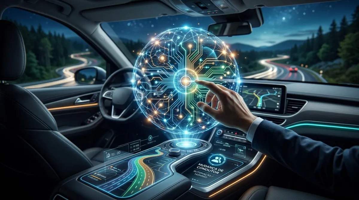 Interior de carro futurista com holograma de inteligência artificial.