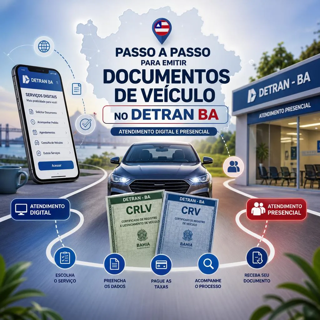 Infográfico explicativo sobre emissão de documentos no Detran-BA.