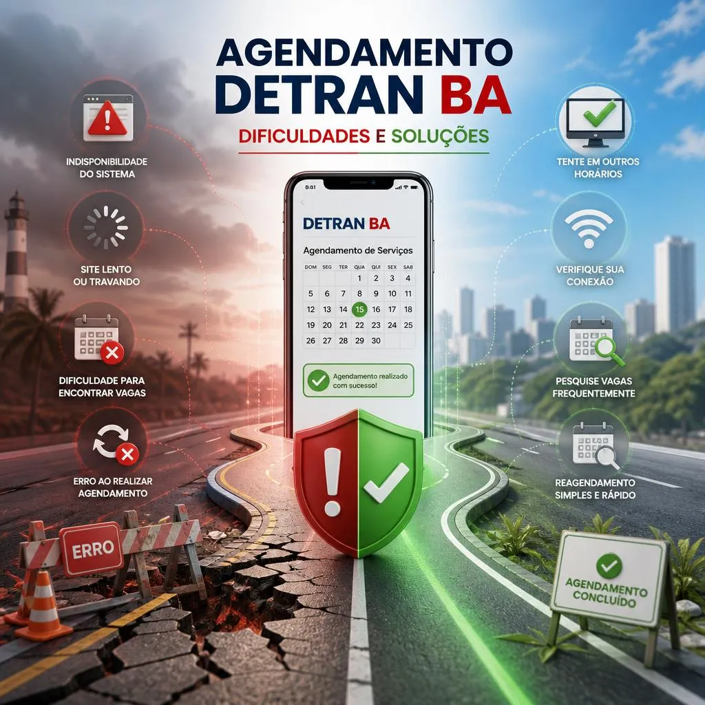 Infográfico comparativo sobre problemas e soluções de agendamento Detran BA.