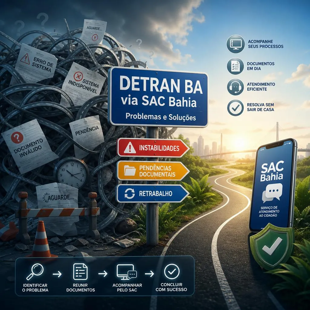 Infográfico comparando problemas burocráticos e soluções digitais do Detran BA.