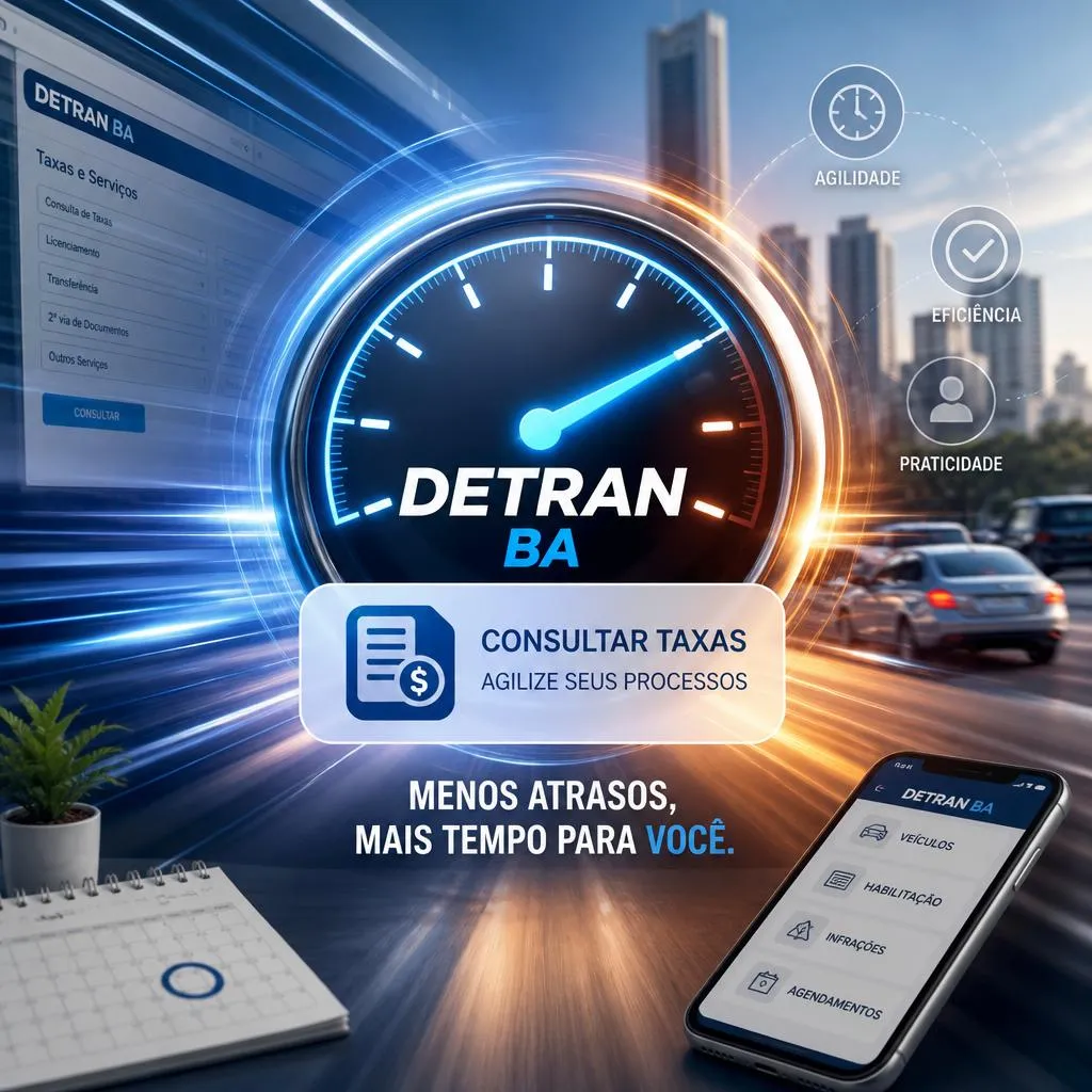 Gráfico promocional do Detran-BA com velocímetro e serviços digitais.