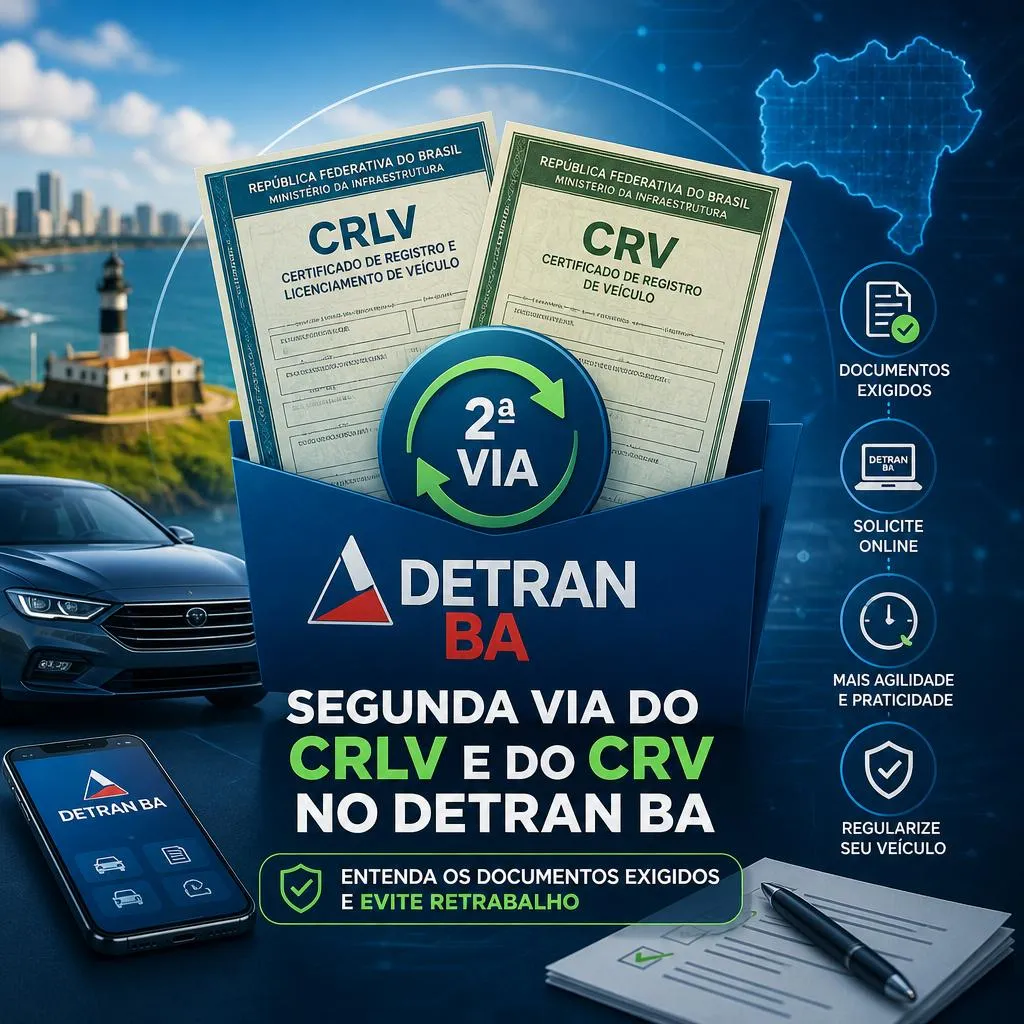 Informativo sobre segunda via de CRLV e CRV pelo Detran-BA.