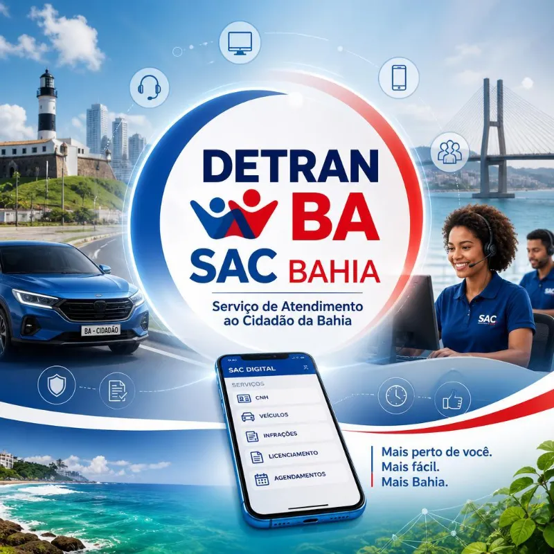 Anúncio do SAC Digital e Detran Bahia para serviços públicos.