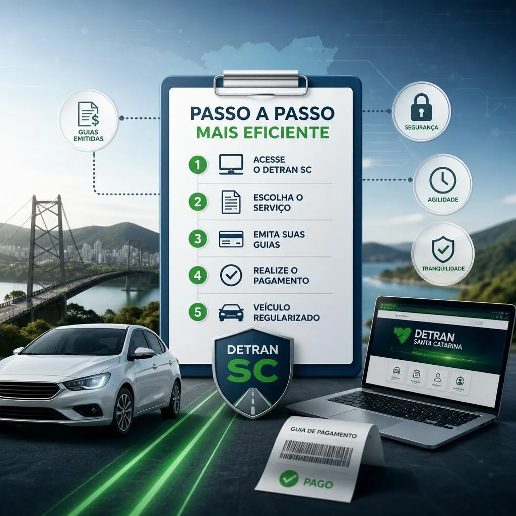 Infográfico explicativo sobre regularização de veículos no Detran SC.