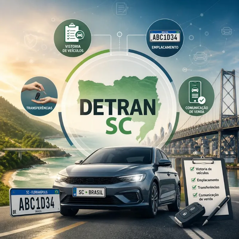 Infográfico informativo sobre serviços de veículos do Detran SC.